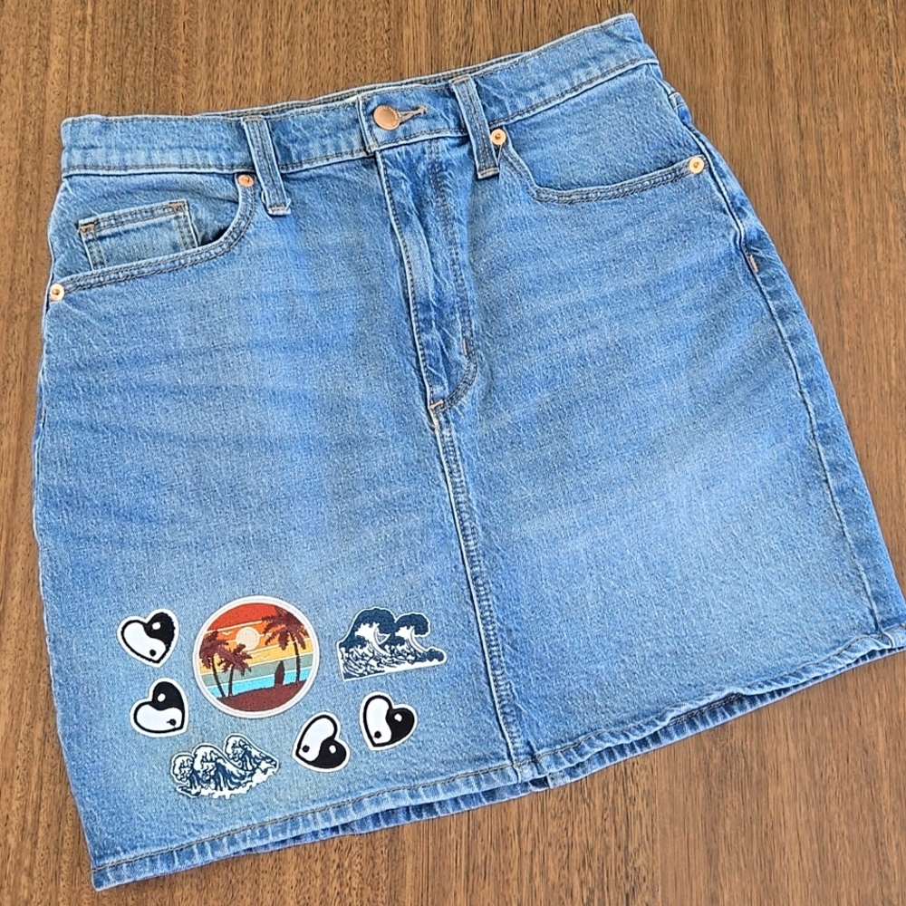 Universal Thread Blue Denim Mini Skirt with Graphic Patches